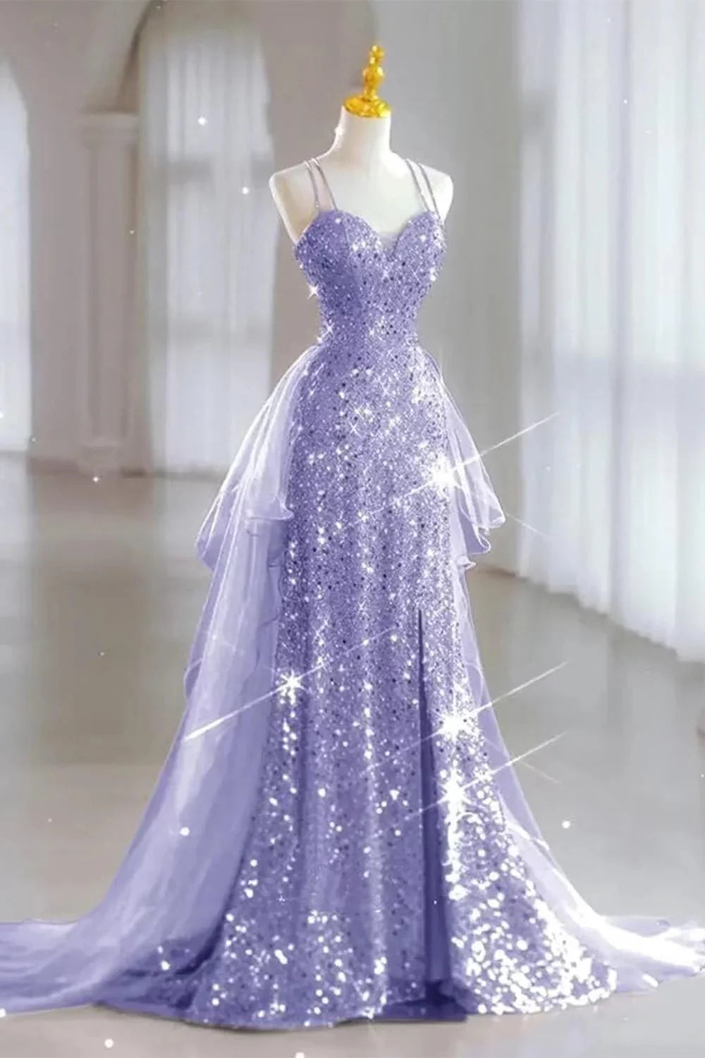 Sequin Tulle Glitter Lace Up Back Prom Dress