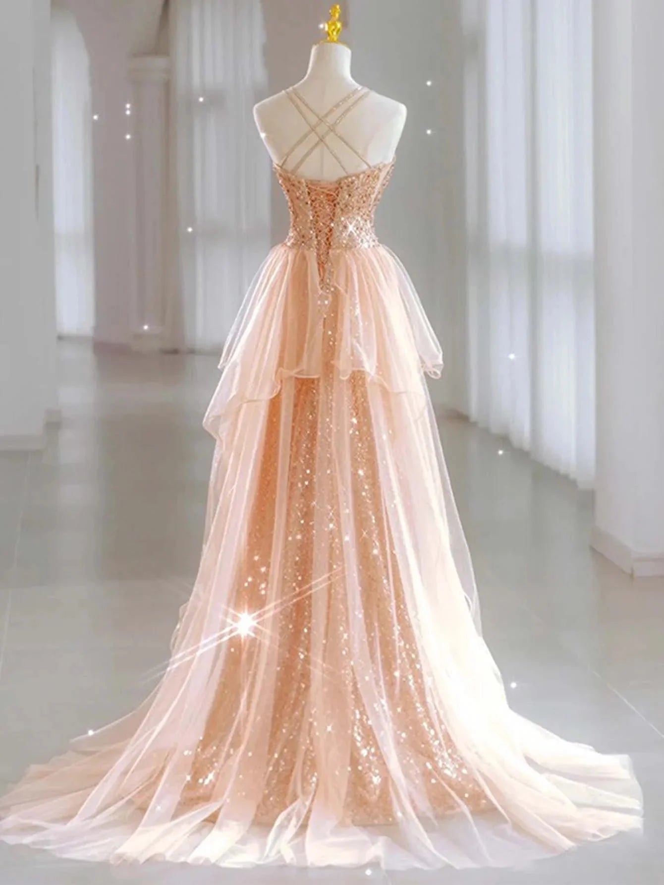 Sequin Tulle Glitter Lace Up Back Prom Dress