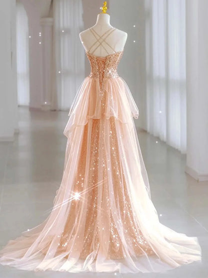 Sequin Tulle Glitter Lace Up Back Prom Dress