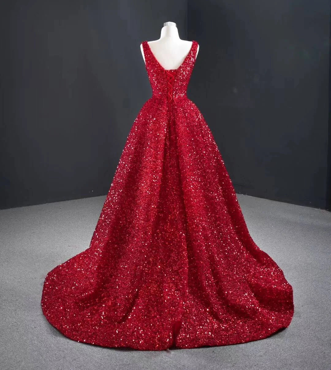 Sequins Asymmetrical Red Evening Dresses Sleeveless Deep-V Prom Formal Dress