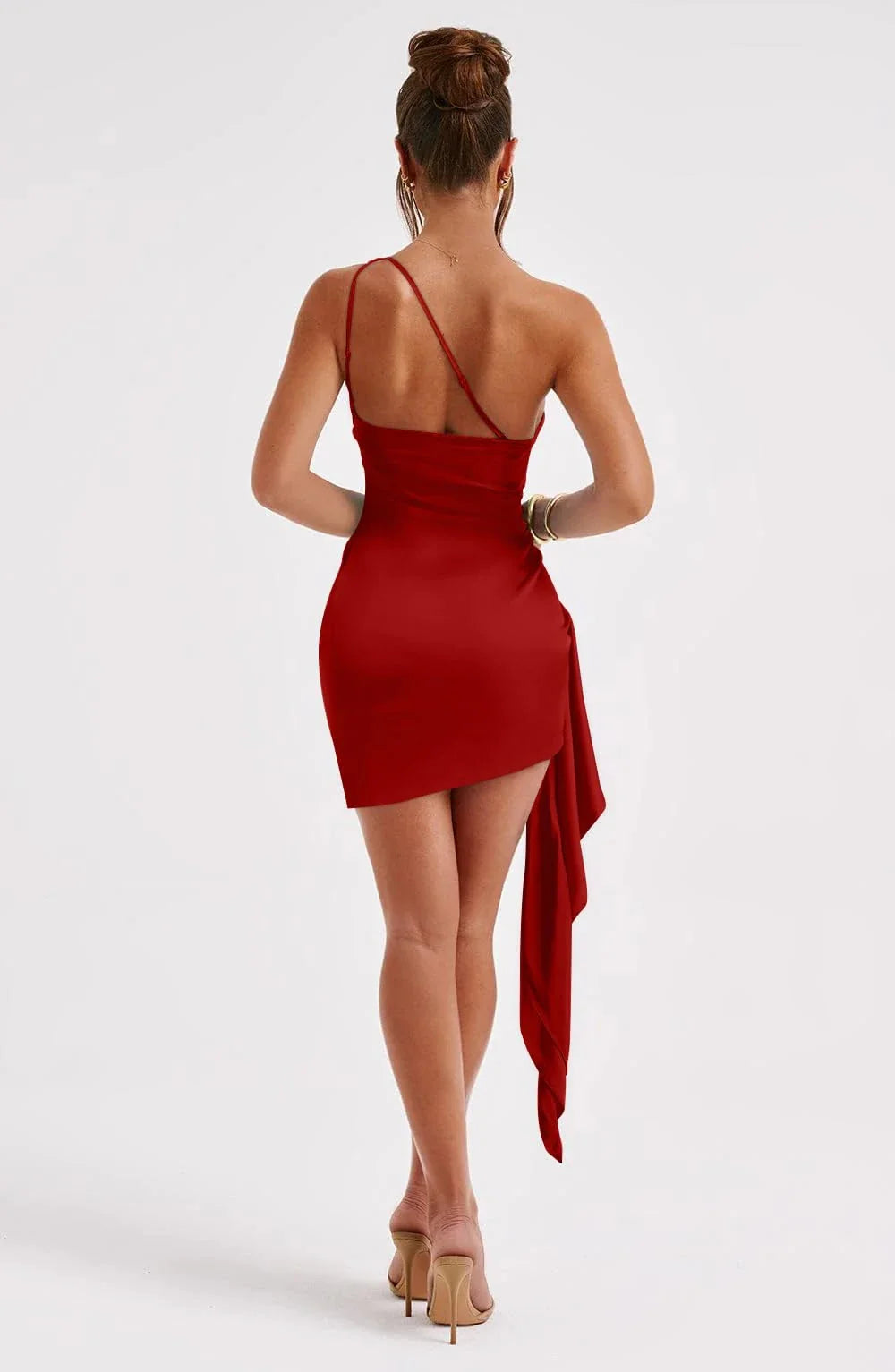 Sexy Red Satin One-Shoulder Ruched Asymmetric Hem Mini Party Dress
