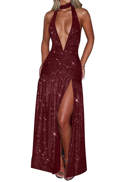 Sexy A-Line Halter Sleeveless Open Back Floor-Length Side Slit prom dress for women