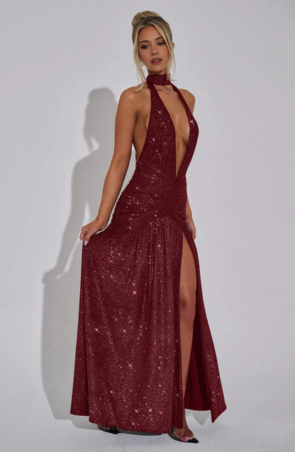 Sexy A-Line Halter Sleeveless Open Back Floor-Length Side Slit prom dress for women