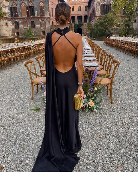 Sexy A-Line High Neck Sleeveless Pleated Satin Floor-Length Prom Dress