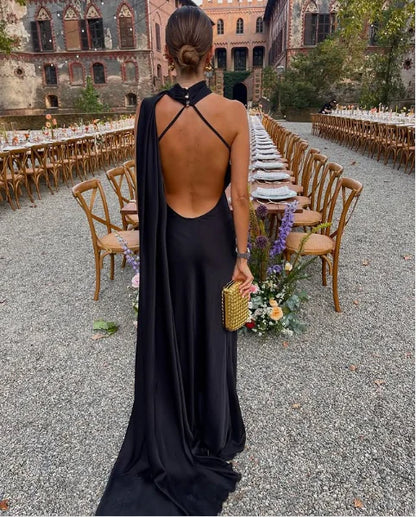 Sexy A-Line High Neck Sleeveless Pleated Satin Floor-Length Prom Dress