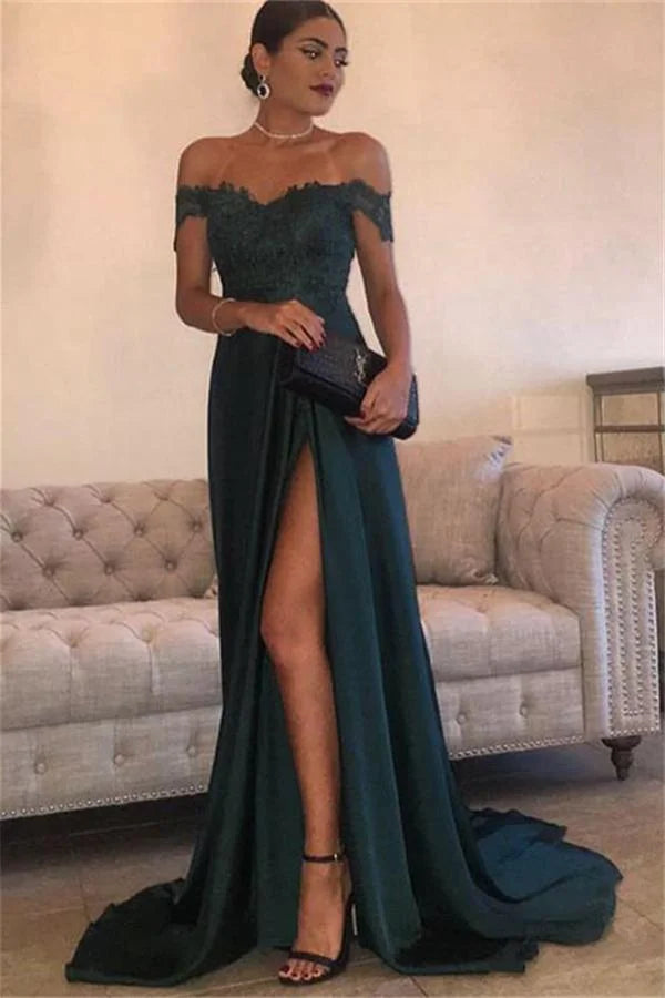 Sexy A-Line Off-the-Shoulder Sleeveless Appliques Sweep/Brush Train Prom Dress