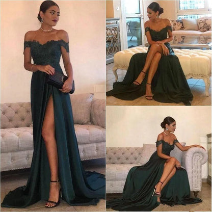 Sexy A-Line Off-the-Shoulder Sleeveless Appliques Sweep/Brush Train Prom Dress