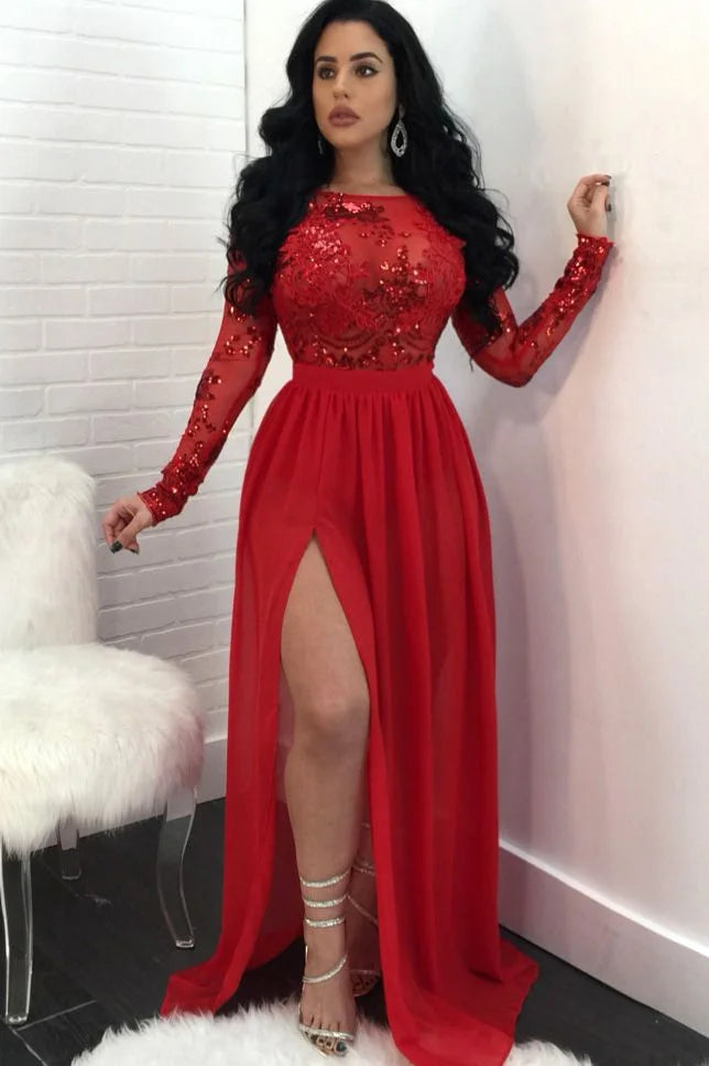 Sexy A-Line Scoop Neck Long Sleeve Sequins Floor-Length Prom Dress