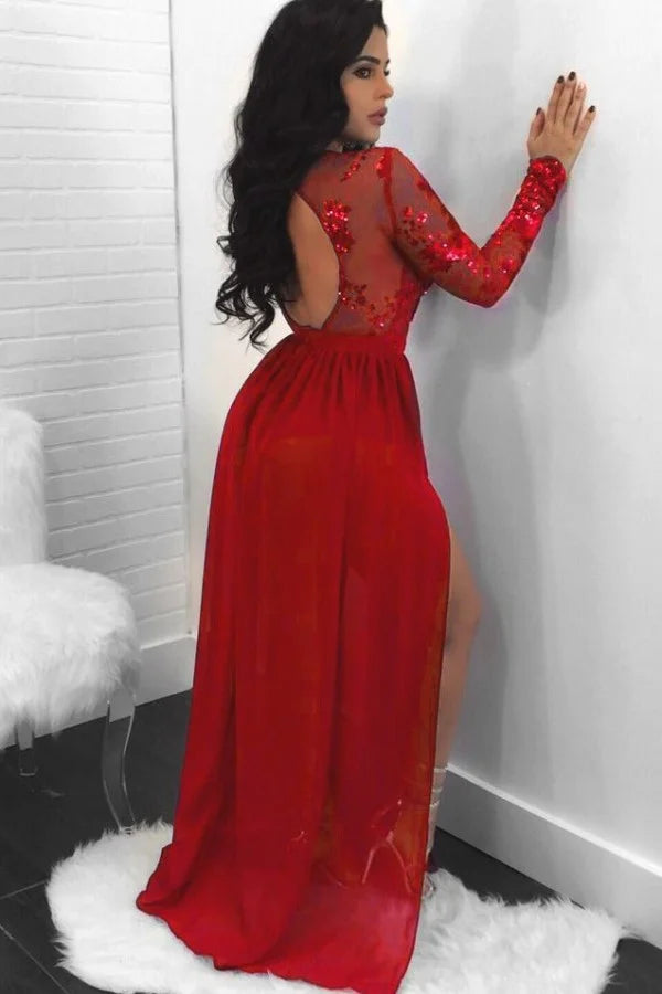 Sexy A-Line Scoop Neck Long Sleeve Sequins Floor-Length Prom Dress