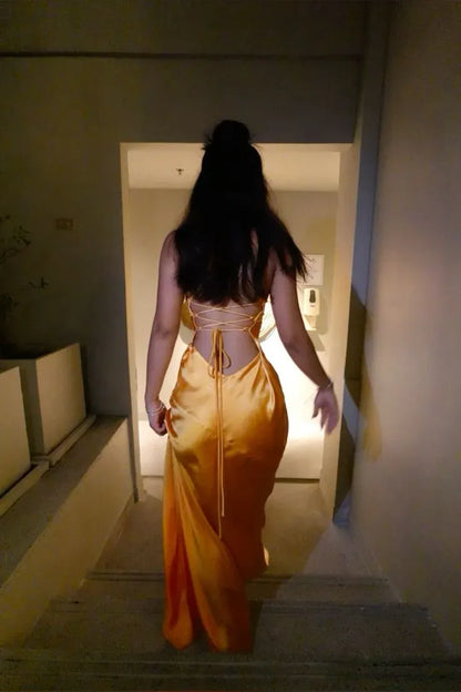 Sexy A-Line Spaghetti Straps Sleeveless Backless Satin Floor-Length Prom Dress