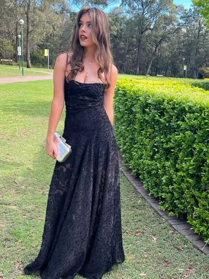 Sexy A-Line Spaghetti Straps Sleeveless Lace Pleated Sweep Train Evening Dress