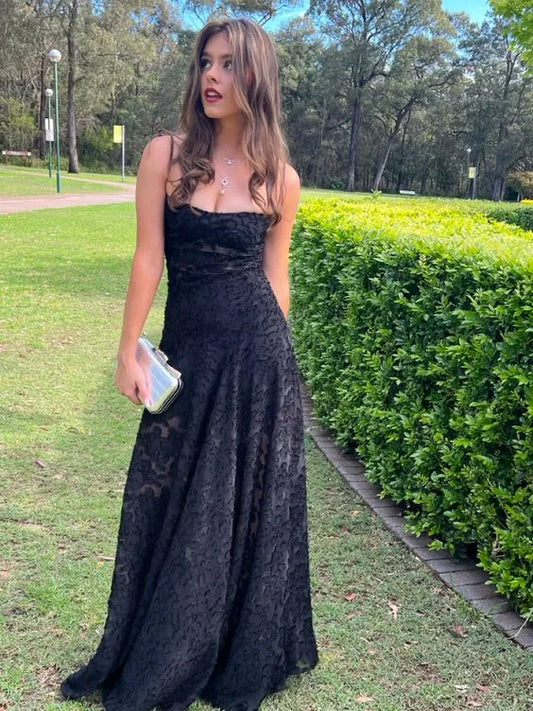 Sexy A-Line Spaghetti Straps Sleeveless Lace Pleated Sweep Train Evening Dress