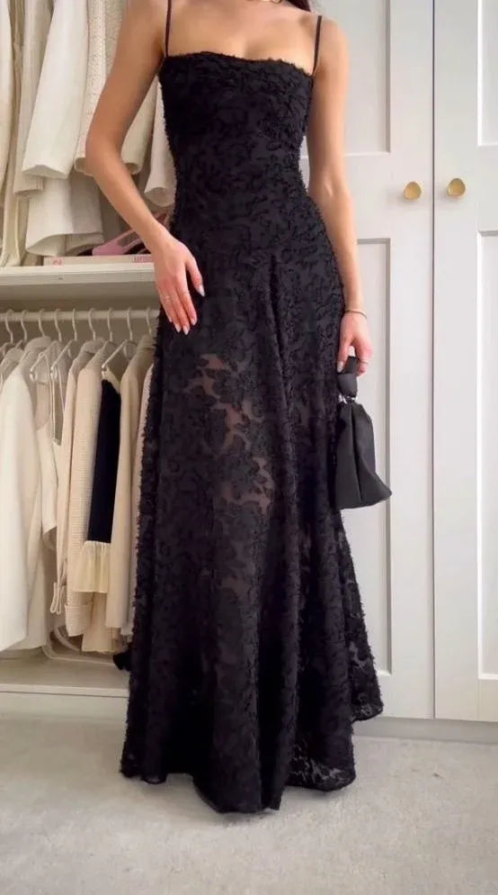 Sexy A-Line Spaghetti Straps Sleeveless Lace Pleated Sweep Train Evening Dress
