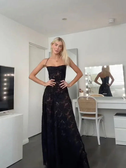 Sexy A-Line Spaghetti Straps Sleeveless Lace Pleated Sweep Train Evening Dress