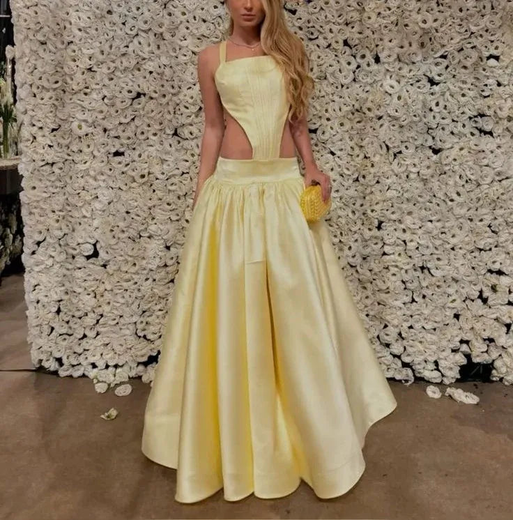 Sexy A-Line Square Neck Sleeveless Satin Floor-Length Crisscross Back Prom Dress