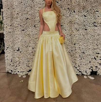 Sexy A-Line Square Neck Sleeveless Satin Floor-Length Crisscross Back Prom Dress