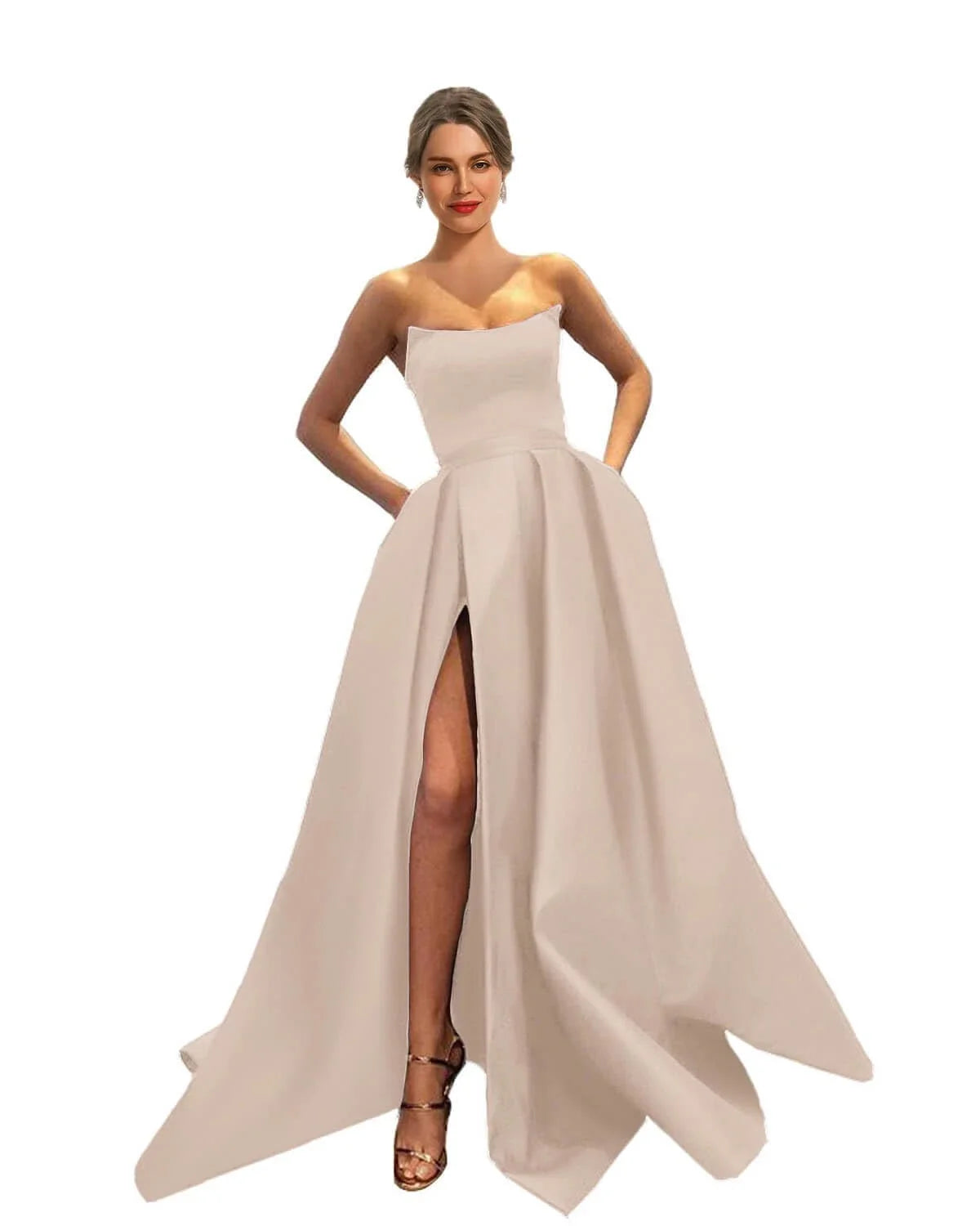 Sexy A-Line Strapless Sleeveless Crisscross Back Chapel Train prom dress for women