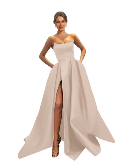 Sexy A-Line Strapless Sleeveless Crisscross Back Chapel Train prom dress for women
