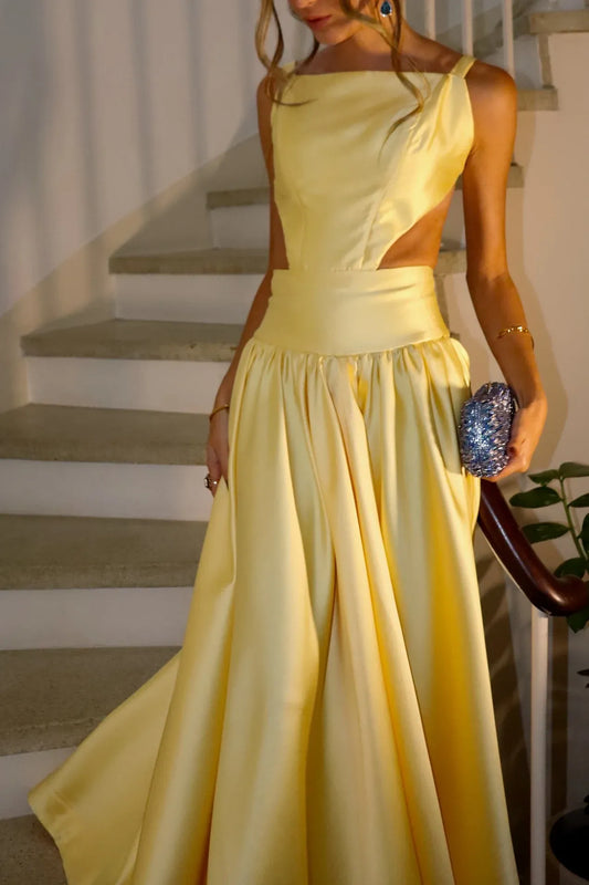 Sexy A-line Square Neck Sleeveless Pleated Satin Floor-Length Prom Dress