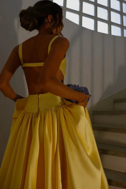 Sexy A-line Square Neck Sleeveless Pleated Satin Floor-Length Prom Dress