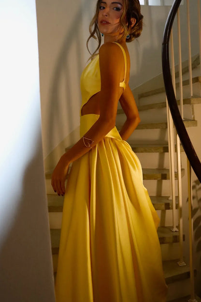 Sexy A-line Square Neck Sleeveless Pleated Satin Floor-Length Prom Dress