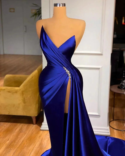 Sexy Blue Long V Neck Satin Evening Dresses Mermaid with High Split