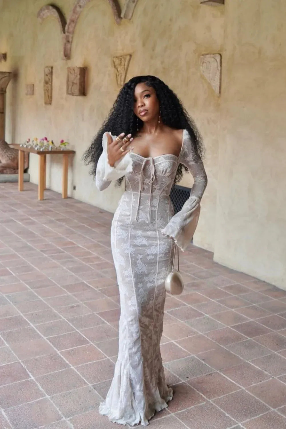 Sexy Bodycon Square-neck Long Sleeve Lace Flower Printed Floor-Length Prom Dress