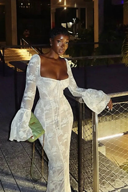 Sexy Bodycon Square-neck Long Sleeve Lace Flower Printed Floor-Length Prom Dress
