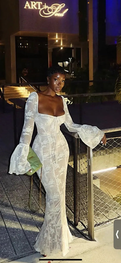 Sexy Bodycon Square-neck Long Sleeve Lace Flower Printed Floor-Length Prom Dress