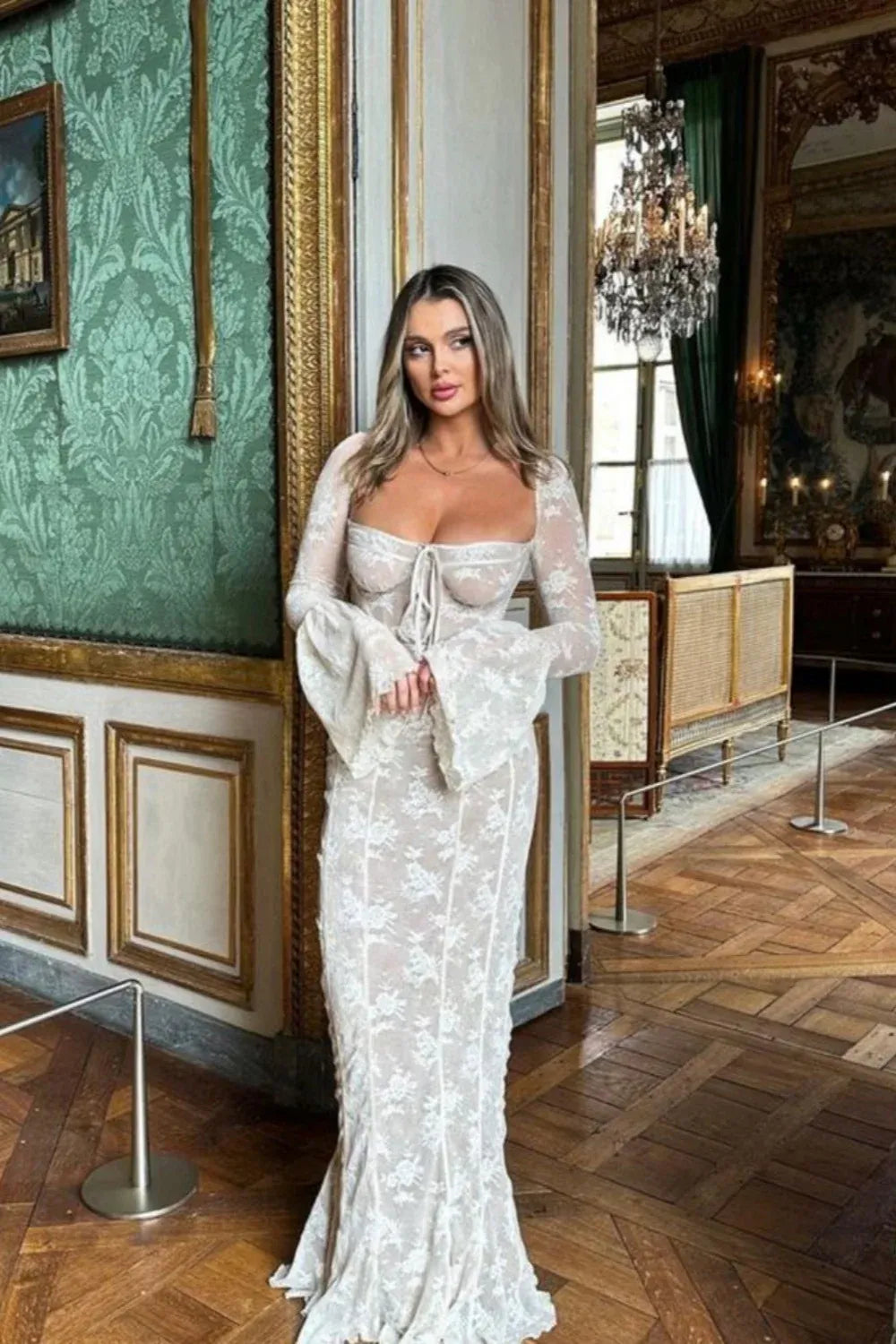 Sexy Bodycon Square-neck Long Sleeve Lace Flower Printed Floor-Length Prom Dress