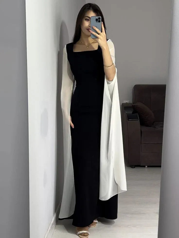 Sexy Bodycon Square Neck Long Sleeve Pleated Satin Floor-Length Evening Dress