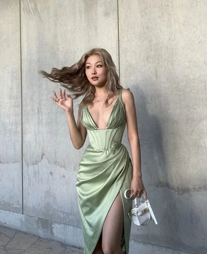 Sexy Bodycon V Neck Sleeveless Satin Slit Tea-Length Prom Dress