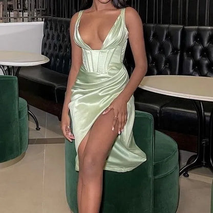 Sexy Bodycon V Neck Sleeveless Satin Slit Tea-Length Prom Dress