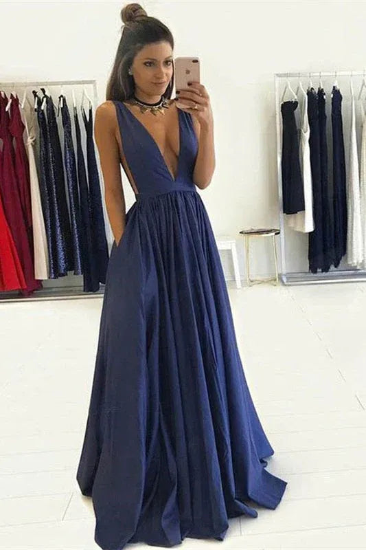 Sexy Charming A-line Plunge V-Neck Navy Prom Dress With Pocket Custom