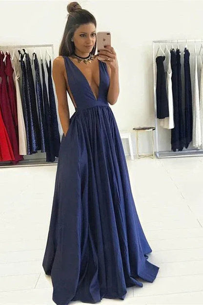 Sexy Charming A-line Plunge V-Neck Navy Prom Dress With Pocket Custom