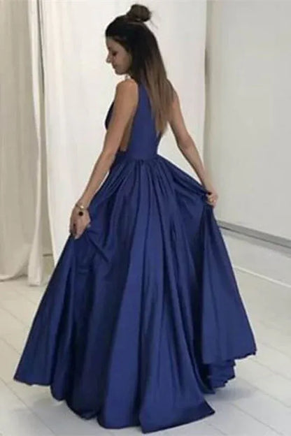 Sexy Charming A-line Plunge V-Neck Navy Prom Dress With Pocket Custom