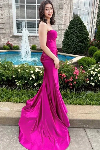 Sexy Fuchsia Prom Dress Strapless Mermaid Formal Gown Sleeveless with Slit