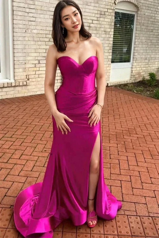 Sexy Fuchsia Prom Dress Strapless Mermaid Formal Gown Sleeveless with Slit