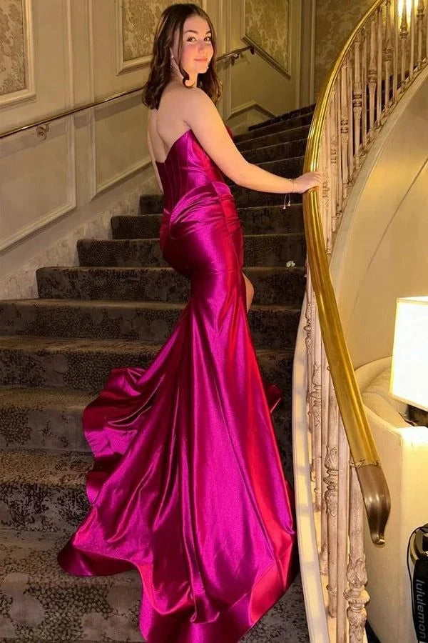Sexy Fuchsia Prom Dress Strapless Mermaid Formal Gown Sleeveless with Slit
