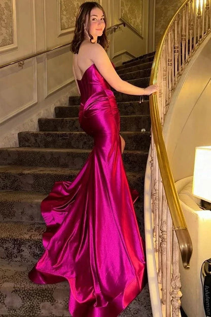 Sexy Fuchsia Prom Dress Strapless Mermaid Formal Gown Sleeveless with Slit