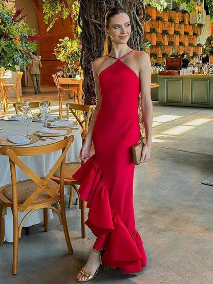 Sexy Halter Neck Sleeveless Bodycon Ruffled Satin Floor-Length Evening Dress