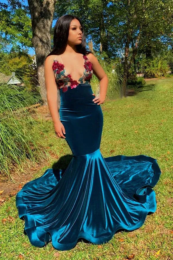 Sexy Mermaid Deep V Neck Sleeveless Backless Chapel Train Prom Dress