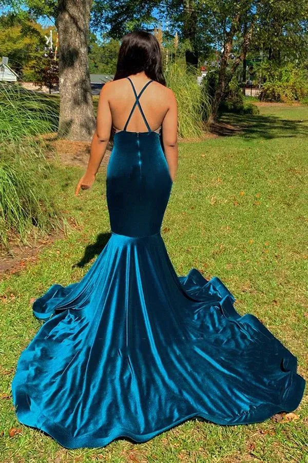 Sexy Mermaid Deep V Neck Sleeveless Backless Chapel Train Prom Dress