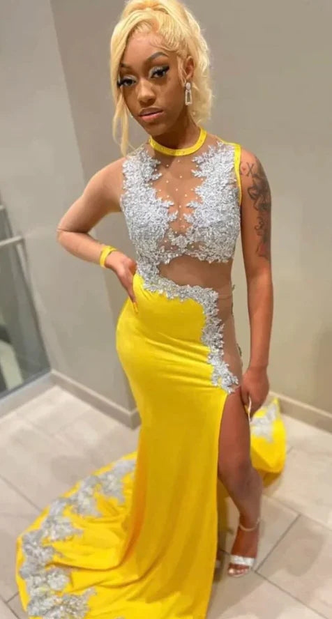 Sexy Mermaid High Neck Sleeveless Split Floor-Length Prom Dress