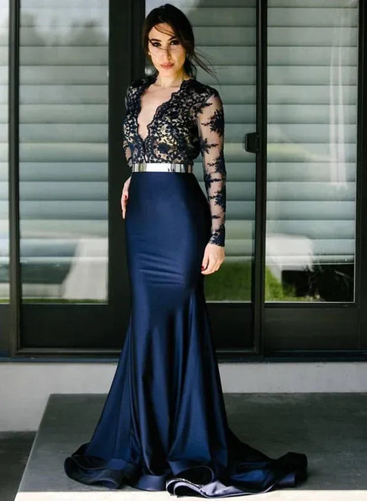 Sexy Mermaid Long Sleeve Lace Applique Satin Evening Gown