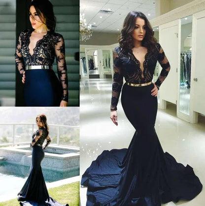 Sexy Mermaid Long Sleeve Lace Applique Satin Evening Gown