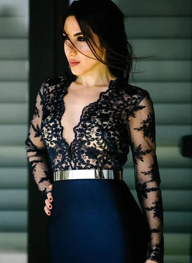 Sexy Mermaid Long Sleeve Lace Applique Satin Evening Gown