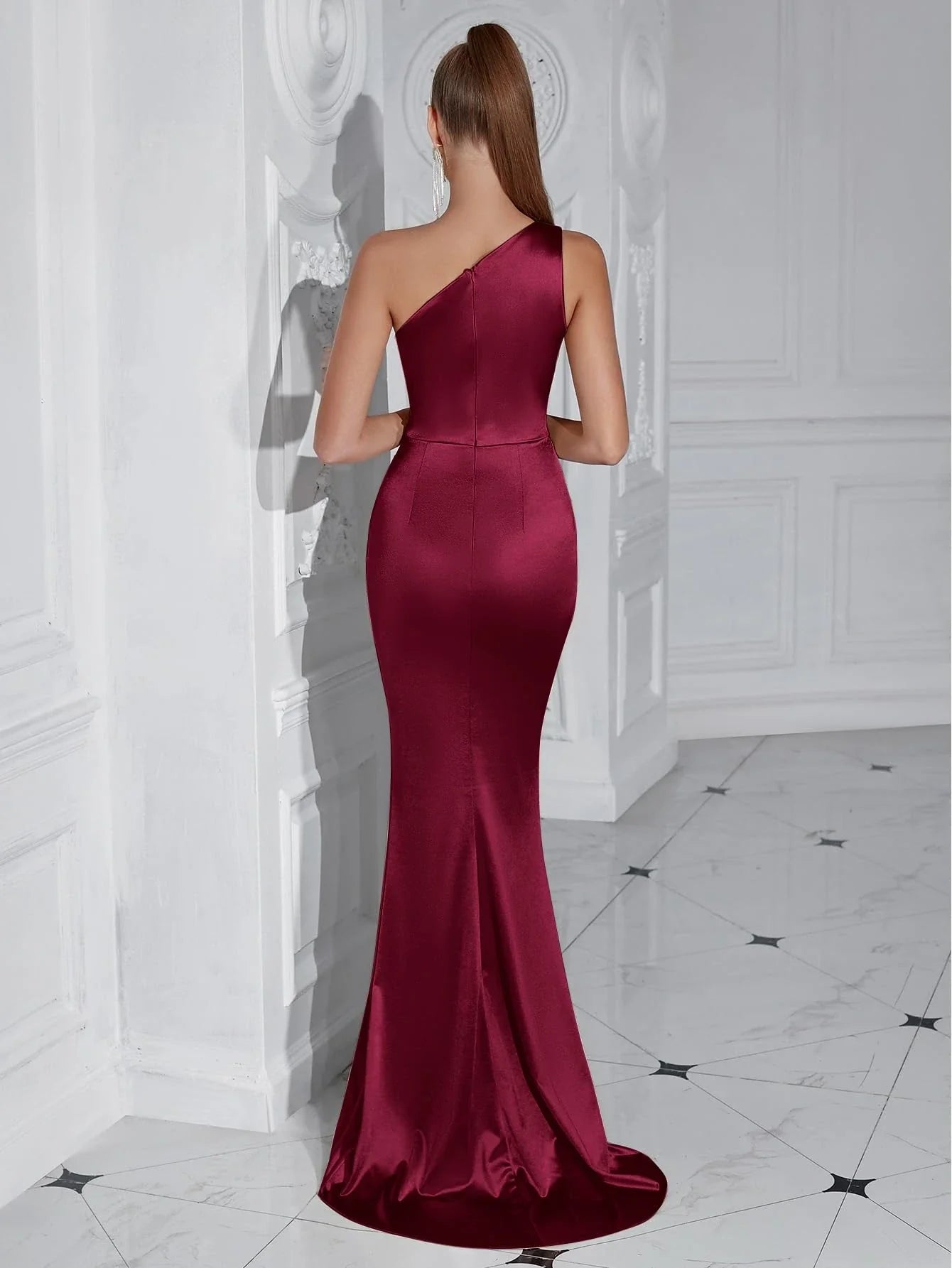 Sexy Mermaid One Shoulder Sleeveless Back Zip Floor-Length Side Slit prom dress for women