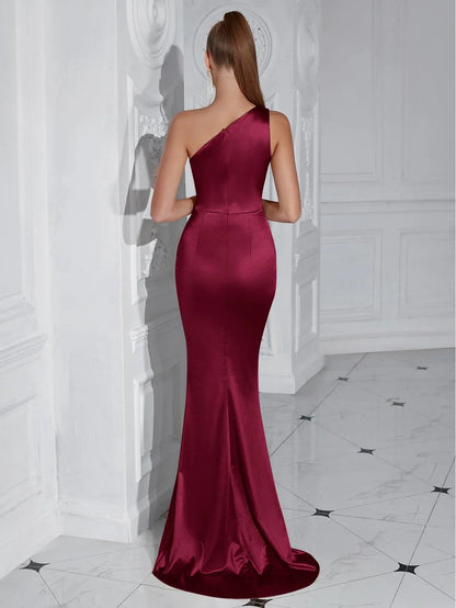 Sexy Mermaid One Shoulder Sleeveless Back Zip Floor-Length Side Slit prom dress for women