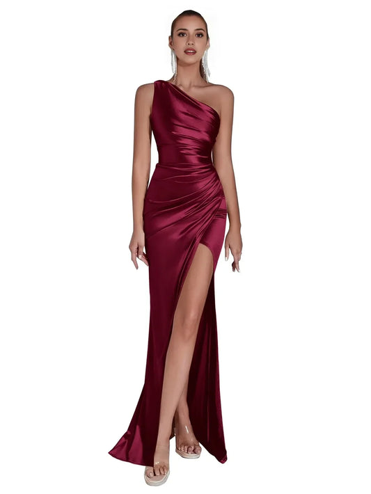 Sexy Mermaid One Shoulder Sleeveless Back Zip Floor-Length Side Slit prom dress for women